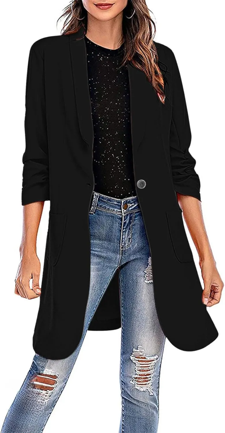 YRAETENM Blazers for Women Casual Ruched 3/4 Sleeve Lapel Collar Long Blazers Oversized Open Front Button Work Office Jackets