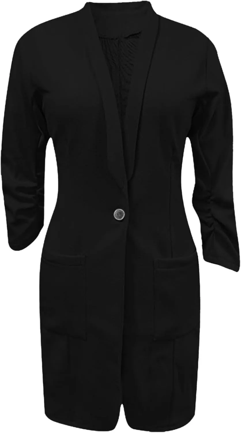 YRAETENM Blazers for Women Casual Ruched 3/4 Sleeve Lapel Collar Long Blazers Oversized Open Front Button Work Office Jackets