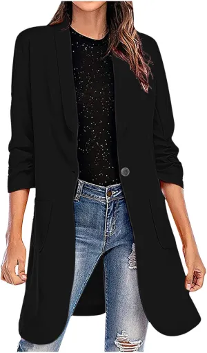 YRAETENM Blazers for Women Casual Ruched 3/4 Sleeve Lapel Collar Long Blazers Oversized Open Front Button Work Office Jackets