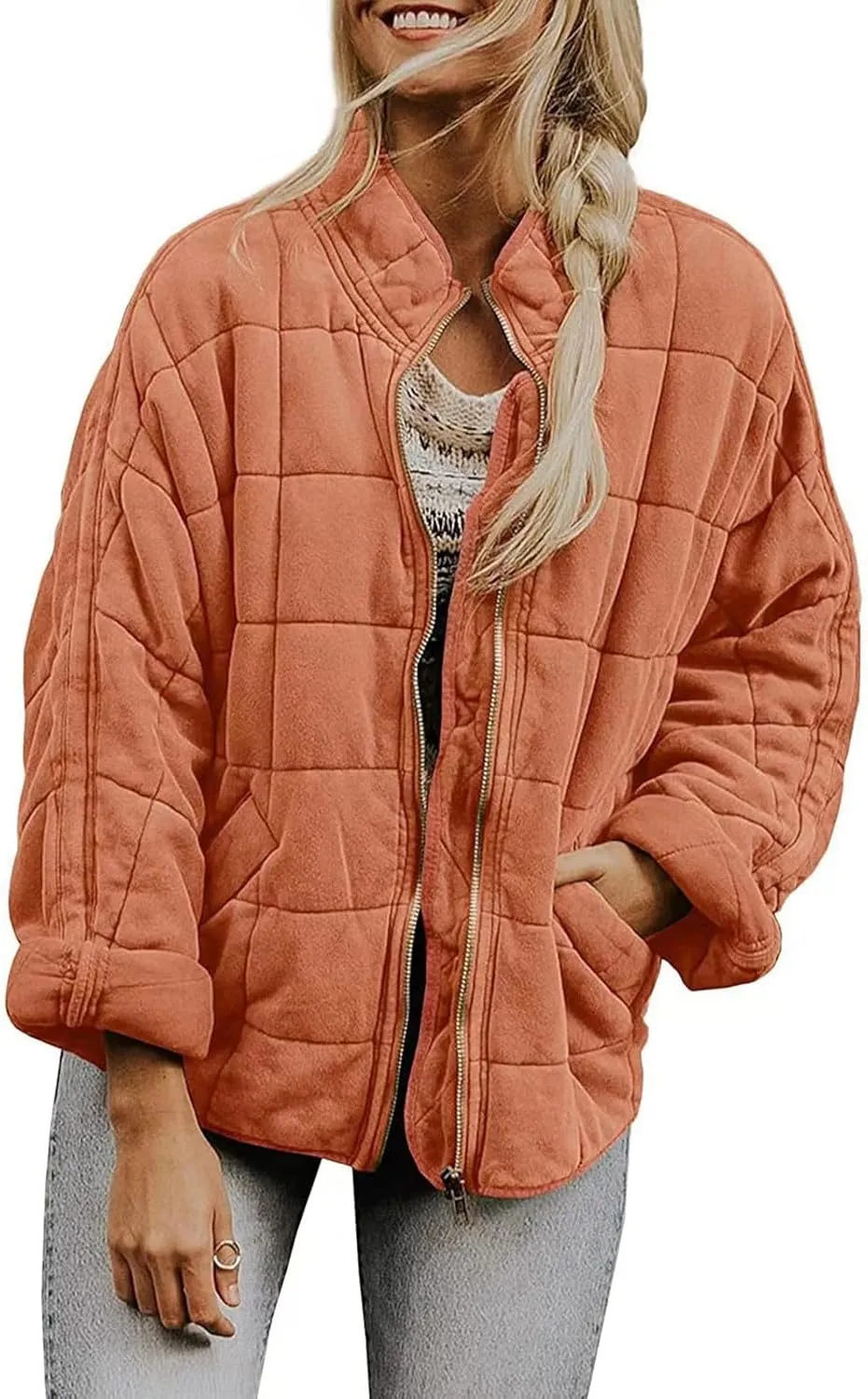 Zip Up Women's Diamond Quilted Jackets Warm Winter 2023 Western Quilted Coats Classic Long Sleeve Cotton Padded Down