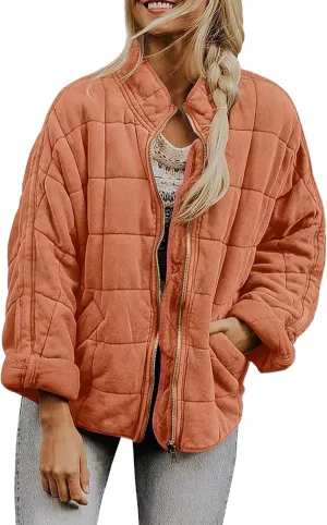 Zip Up Women's Diamond Quilted Jackets Warm Winter 2023 Western Quilted Coats Classic Long Sleeve Cotton Padded Down